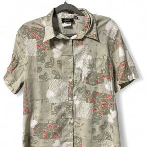 Large Vintage 80s blouse whimsy patchwork style print lace hearts flowers